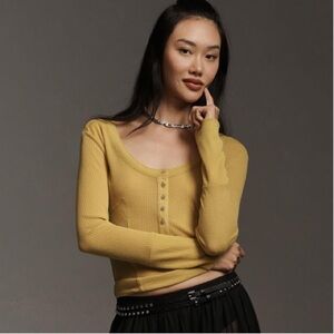 Pilcro Anthropologie Andie‎ Mustard Yellow Ribbed Henley Long Sleeve Top X-Large